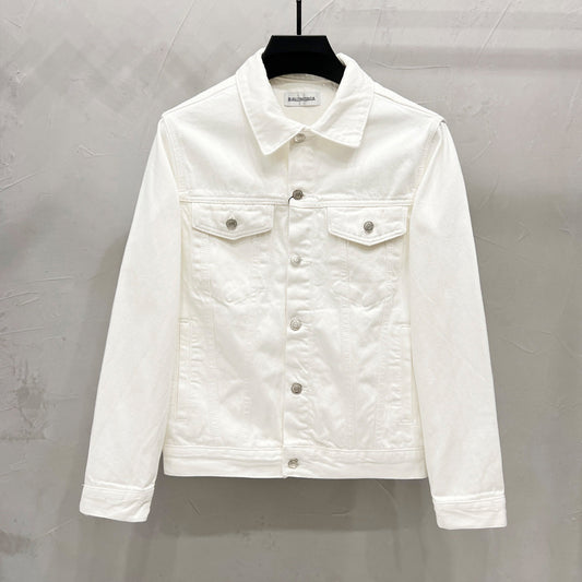 Balenciaga Men's White Logo Denim Jacket